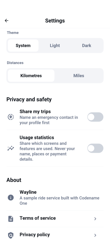 The privacy and safety section of the settings, with the switch for usage statistics